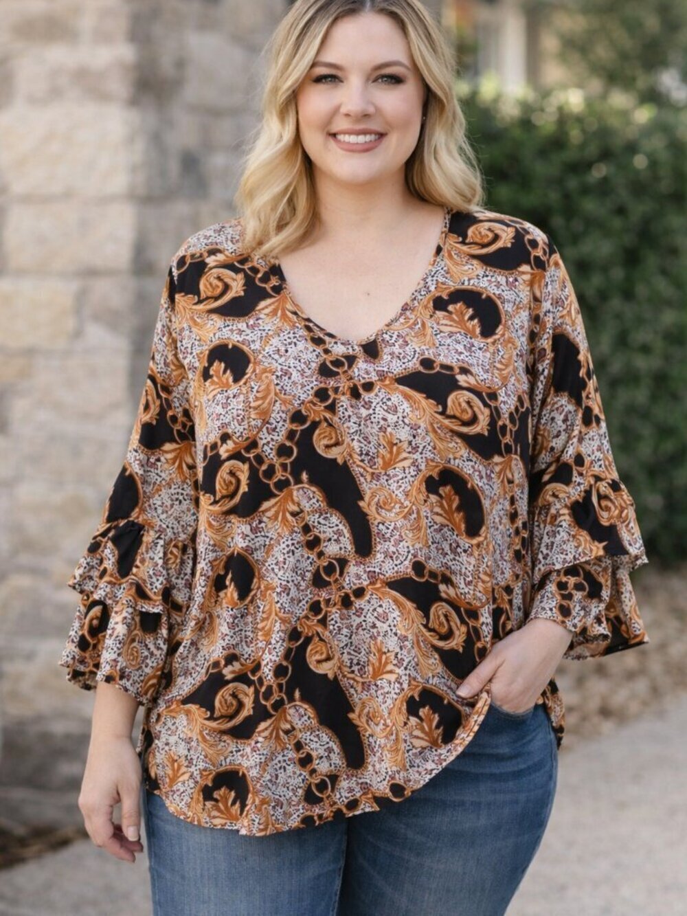 CURE 2XL Boho Baroque Chain Print Bell Sleeve Blouse Flowy Tunic Top
